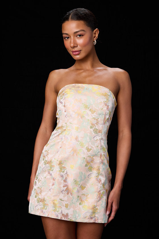Lonna Blush Multi Floral Jacquard Lace-Up Mini Dress #Color_Blush Multi Floral