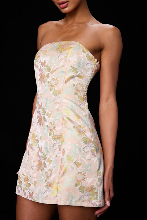 Lonna Blush Multi Floral Jacquard Lace-Up Mini Dress #Color_Blush Multi Floral