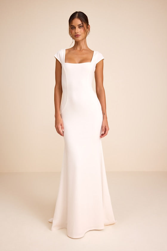 Alena White Cap Sleeve Mermaid Maxi Dress #Color_White