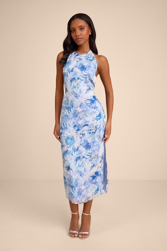 Neiva Blue and White Floral Backless Midi Dress #Color_Blue and White Floral