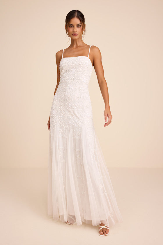 Liliane White Beaded Sleeveless Maxi Dress #Color_White