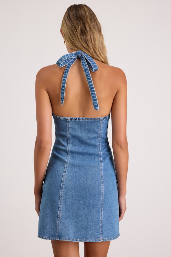 Luce Medium Wash Denim Halter Mini Dress #Color_Medium Wash