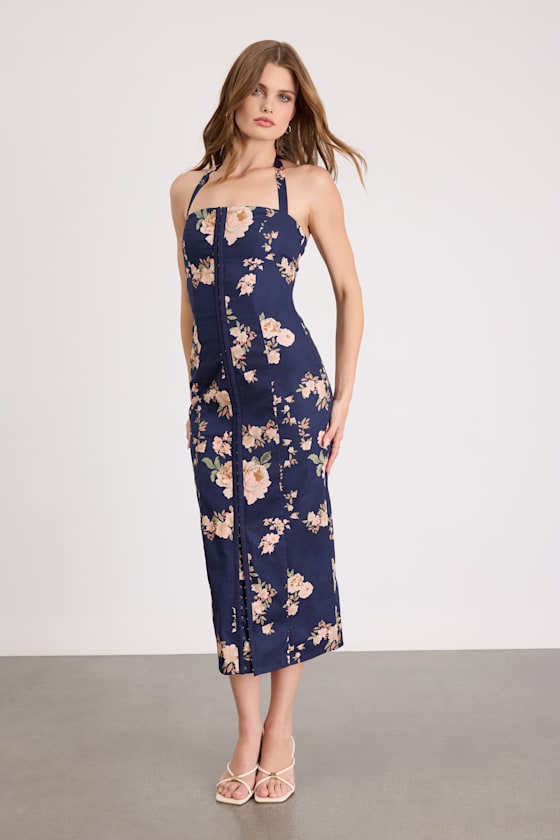 Arrosa Light Yellow Floral Halter Midi Dress #Color_Navy Floral