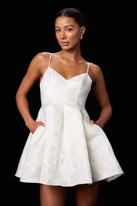 Suzie Ivory Floral Jacquard Skater Mini Dress #Color_Ivory