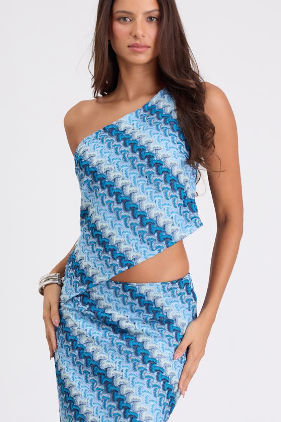 Fiala Blue Multi Crochet Chevron One-Shoulder Top #Color_Blue Multi