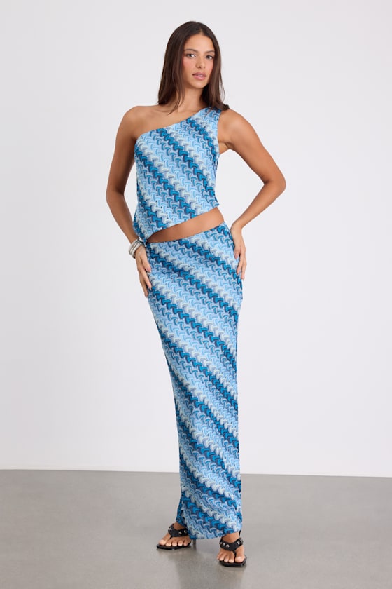 Fiala Blue Multi Crochet Chevron One-Shoulder Top