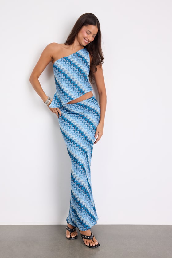 Fiala Blue Multi Crochet Chevron Mermaid Maxi Skirt #Color_Blue Multi