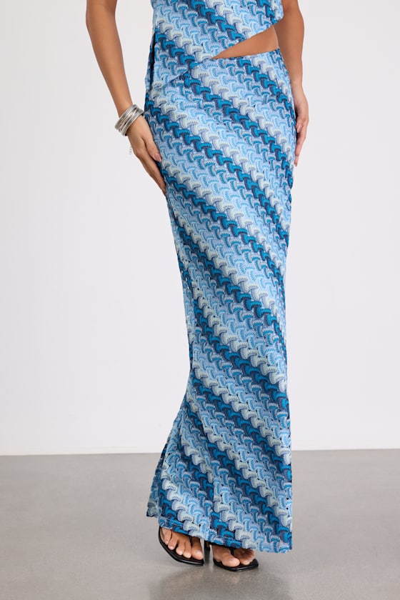 Fiala Blue Multi Crochet Chevron Mermaid Maxi Skirt #Color_Blue Multi