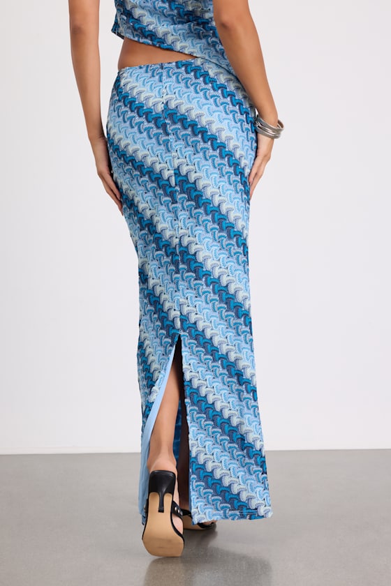 Fiala Blue Multi Crochet Chevron Mermaid Maxi Skirt