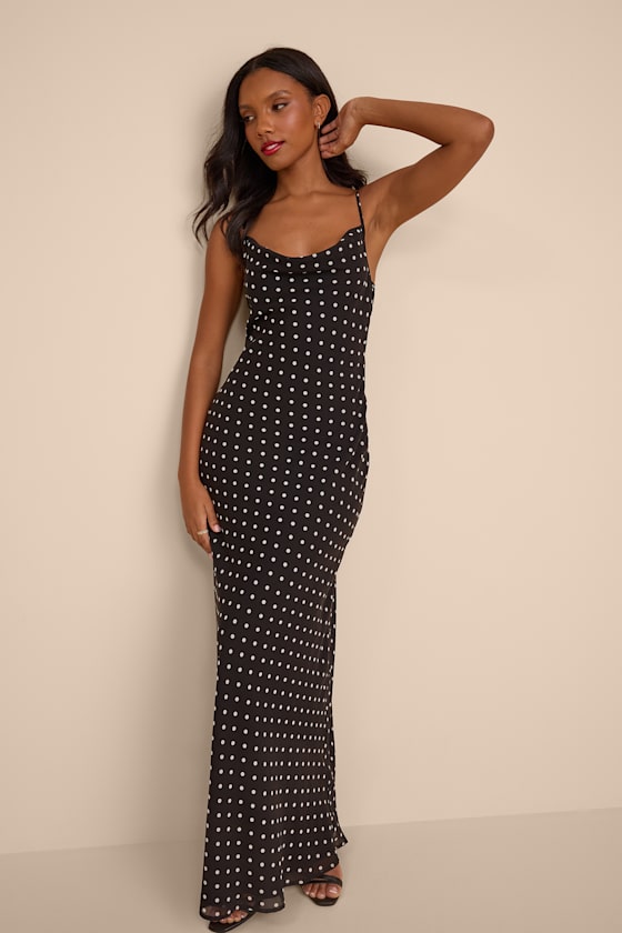 Adaria Black Polka Dot Cowl Neck Maxi Dress #Color_Black Polka Dot