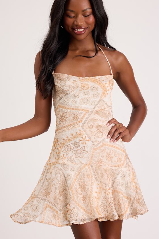 Nell Multi Boho Print Halter Mini Dress #Color_Cream Multi Boho Print