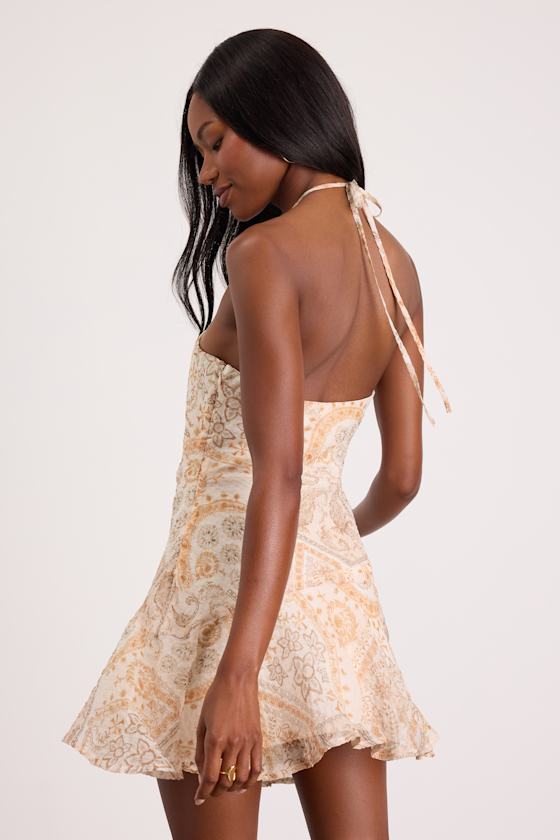 Nell Multi Boho Print Halter Mini Dress #Color_Cream Multi Boho Print
