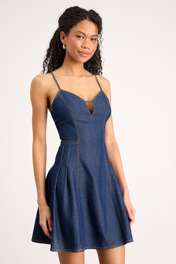 Margorie Dark Wash Denim Lace-Up Mini Dress #Color_Dark Wash