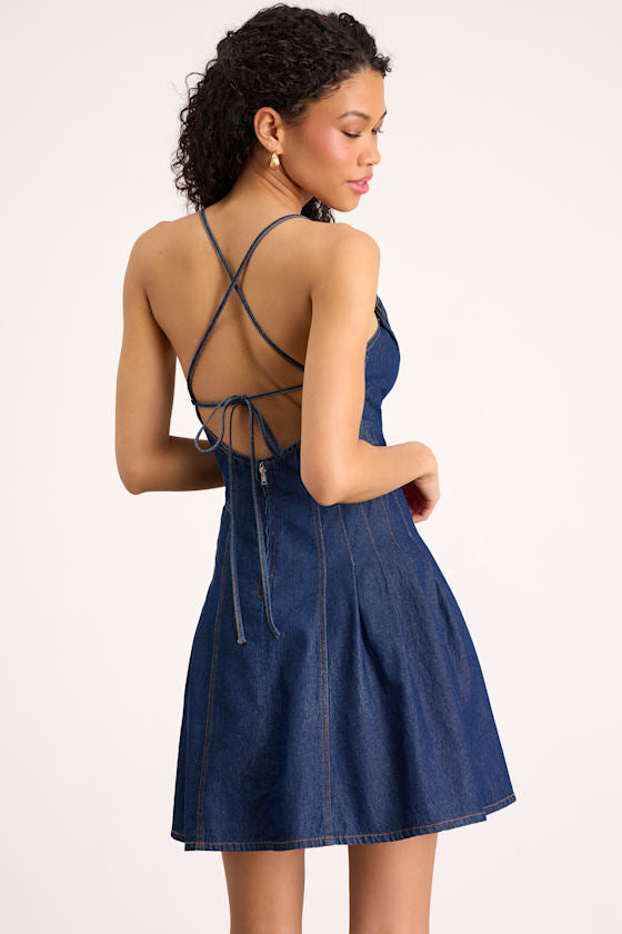 Margorie Dark Wash Denim Lace-Up Mini Dress #Color_Dark Wash