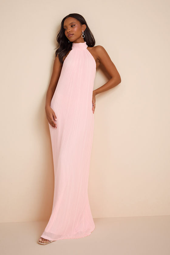 Marta Light Pink Pleated Backless Maxi Dress #Color_Light Pink