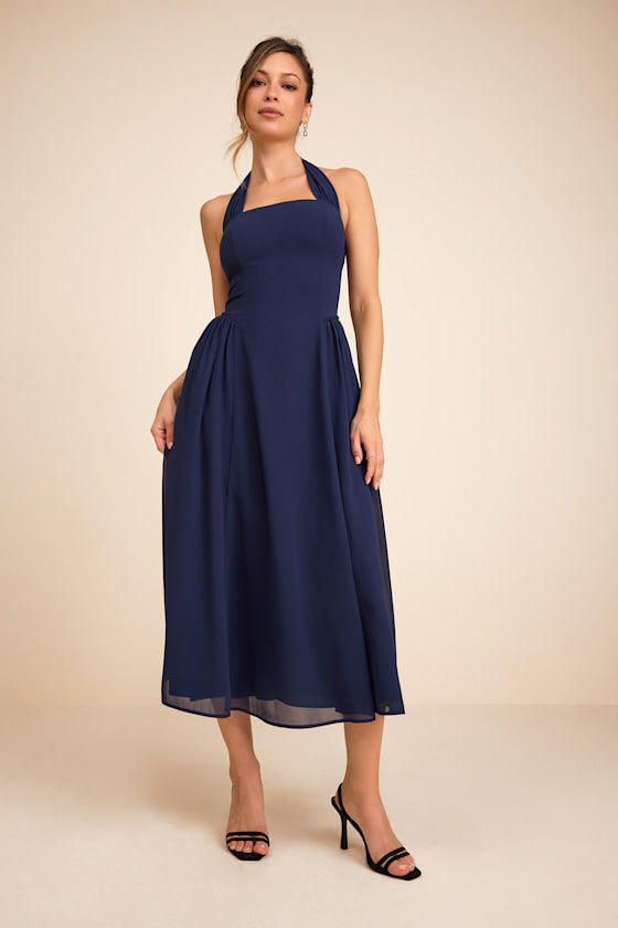 Conway Navy Blue Halter Midi Dress #Color_Navy Blue