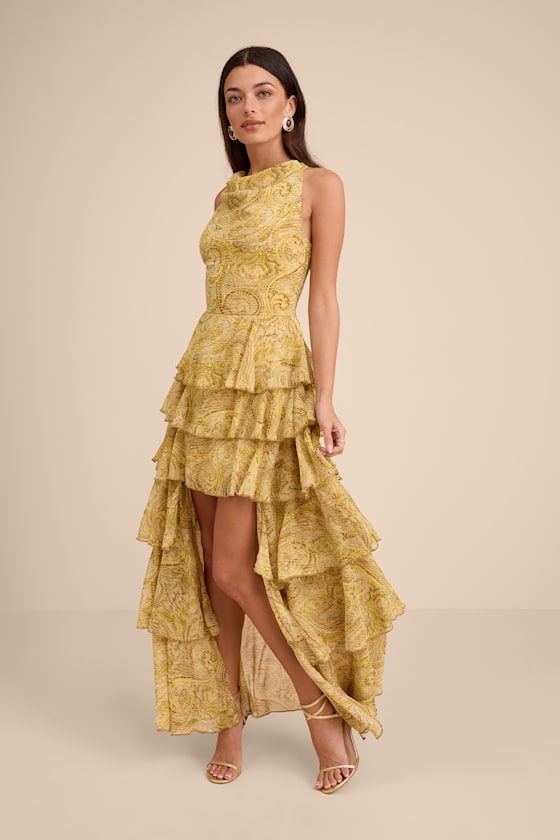 Cayson Yellow Paisley Tiered High-Low Maxi Dress #Color_Yellow Paisley Print