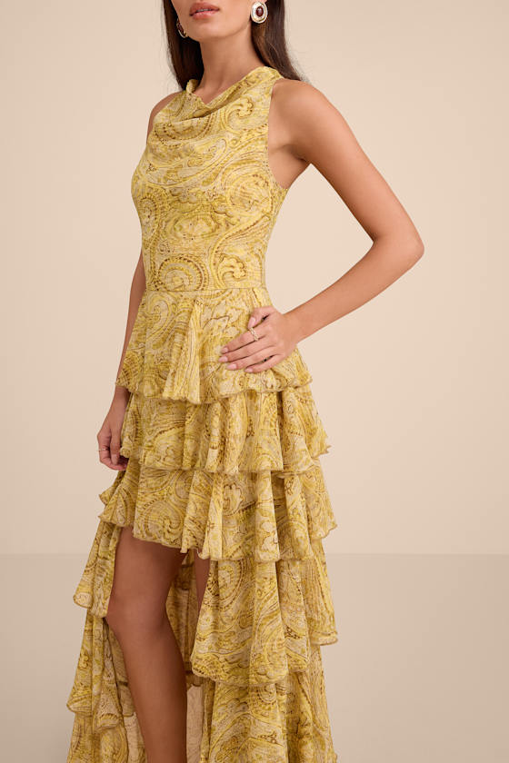 Cayson Yellow Paisley Tiered High-Low Maxi Dress #Color_Yellow Paisley Print