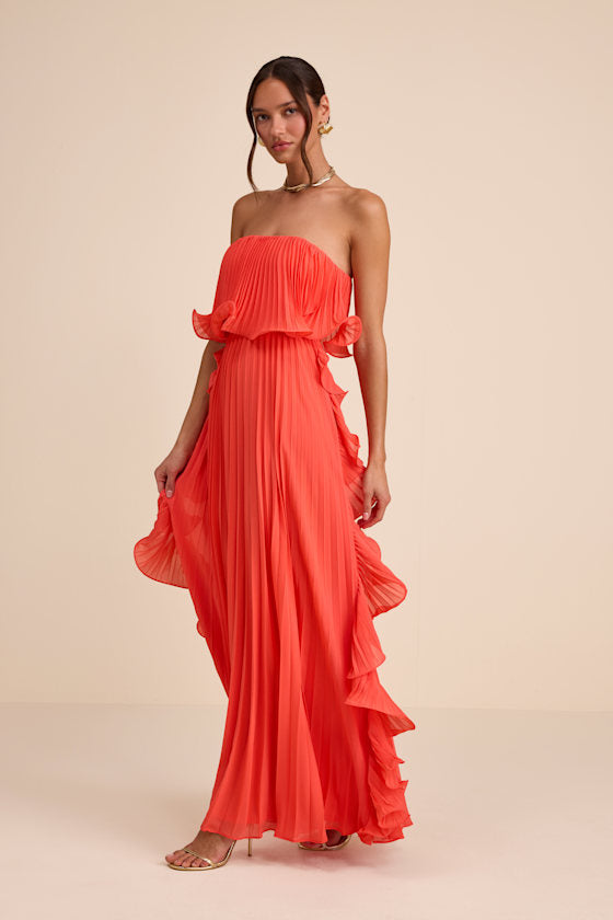 Andri Light Yellow Floral Pleated Ruffled Maxi Dress