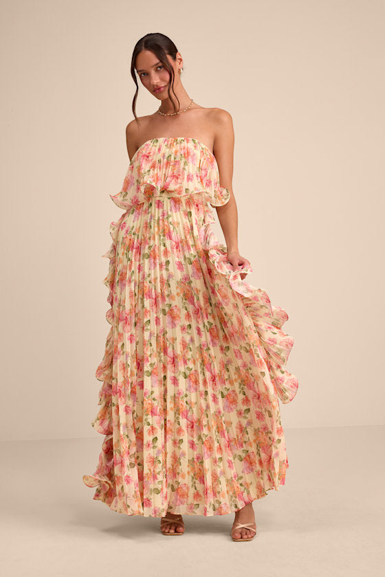 Andri Light Yellow Floral Pleated Ruffled Maxi Dress #Color_Light Yellow Floral