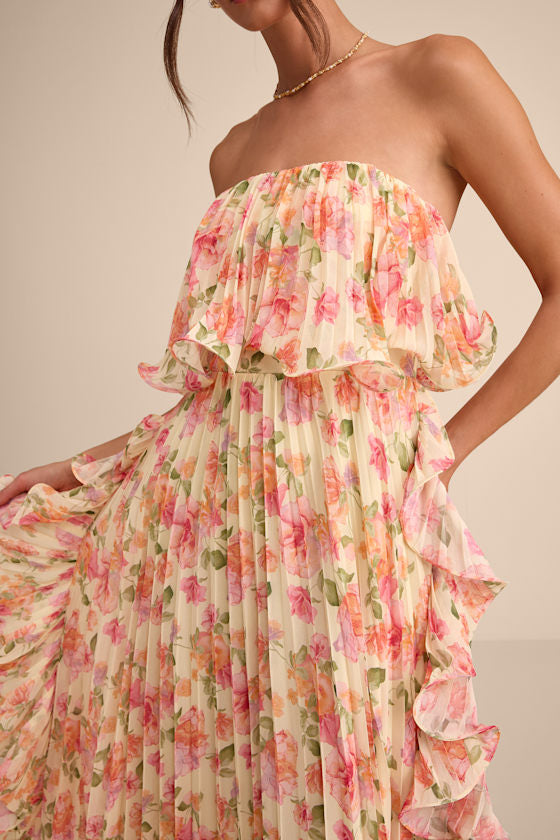 Andri Light Yellow Floral Pleated Ruffled Maxi Dress #Color_Light Yellow Floral