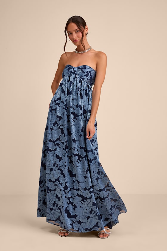 Danalia Navy Floral Burnout Strapless Maxi Dress #Color_Navy Floral