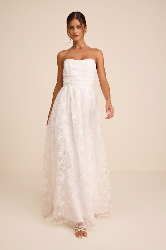 Roslyn White Embroidered Strapless Bustier Maxi Dress #Color_White