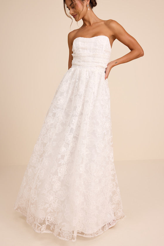 Roslyn White Embroidered Strapless Bustier Maxi Dress #Color_White