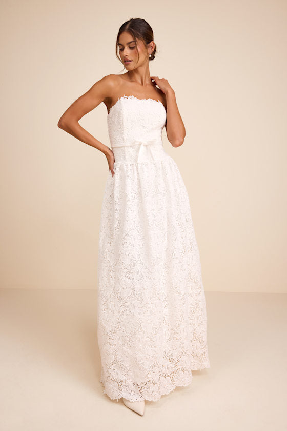 Gabby White Crochet Lace Strapless Maxi Dress #Color_White