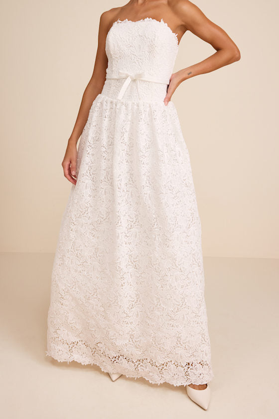 Gabby White Crochet Lace Strapless Maxi Dress #Color_White