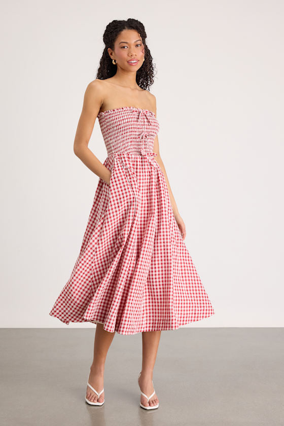 Clementina Red Gingham Smocked Midi Dress #Color_Red Gingham