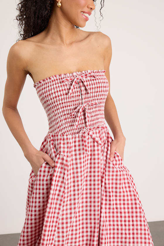 Clementina Red Gingham Smocked Midi Dress #Color_Red Gingham