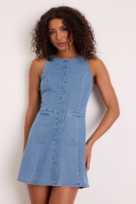 Mabyn Medium Wash Denim Button-Front Mini Dress #Color_Medium Wash