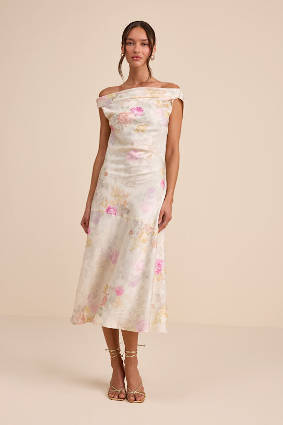 Elyse Ivory Floral Jacquard Satin Midi Dress #Color_Ivory Floral