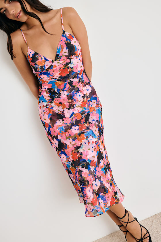 Tisa Pink Multi Floral Slip Midi Dress #Color_Pink Multi Floral