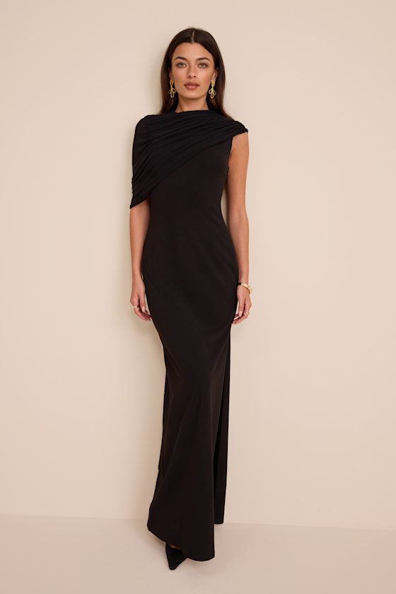 Sutton Black Asymmetrical Column Maxi Dress #Color_Black