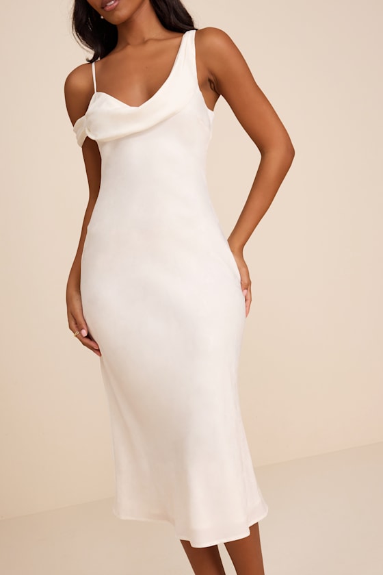 Cavani White Satin Asymmetrical Midi Dress #Color_White