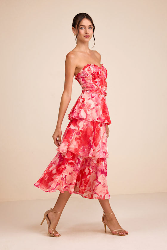 Vaya Red Multi Floral Tiered Midi Dress #Color_Red Multi Floral