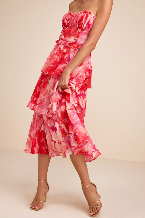 Vaya Red Multi Floral Tiered Midi Dress #Color_Red Multi Floral