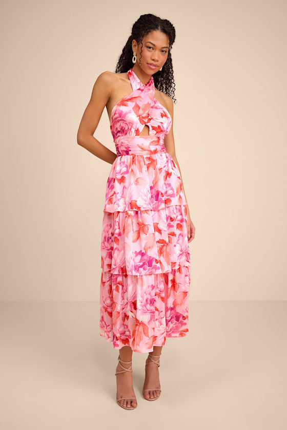 Ashlyn Pink Floral Tiered Midi Dress #Color_Pink Floral