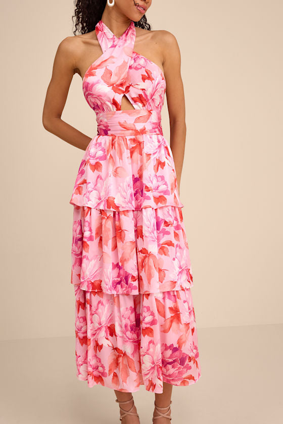 Ashlyn Pink Floral Tiered Midi Dress #Color_Pink Floral