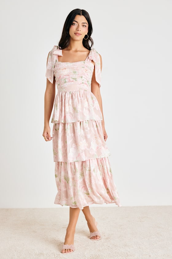 Baina Blush Floral Jacquard Tiered Midi Dress #Color_Blush Floral