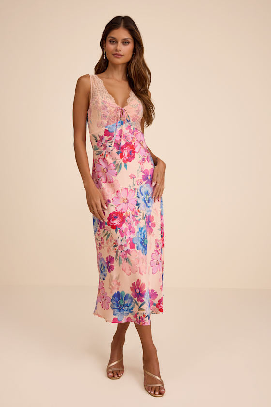 Jaylene Blush Multi Floral Lace Tie-Front Midi Dress #Color_Blush Multi Floral