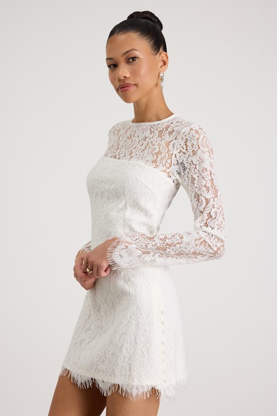 Arlet White Lace Long Sleeve Mini Dress #Color_White