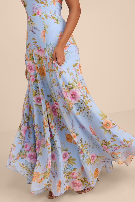 Alandria Light Blue Floral Drop Waist Maxi Dress #Color_Light Blue Floral