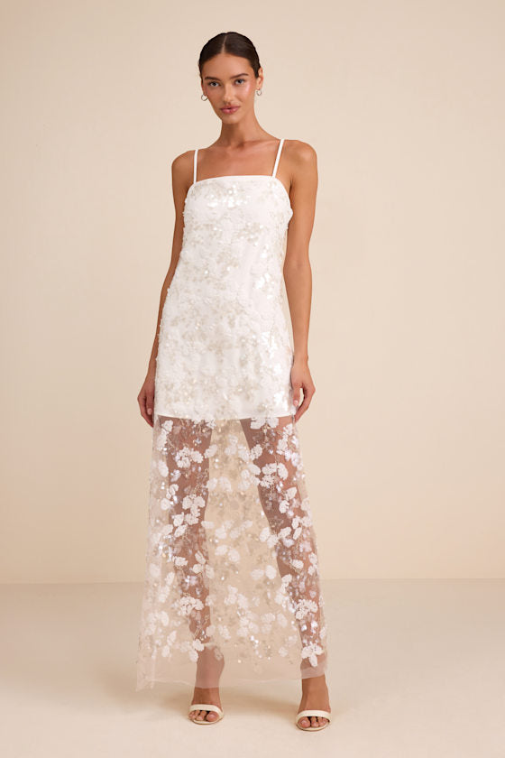 Cassie White Sequin Embroidered Sheer Hem Maxi Dress #Color_White