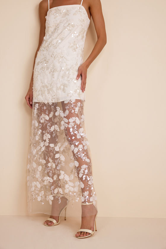 Cassie White Sequin Embroidered Sheer Hem Maxi Dress #Color_White