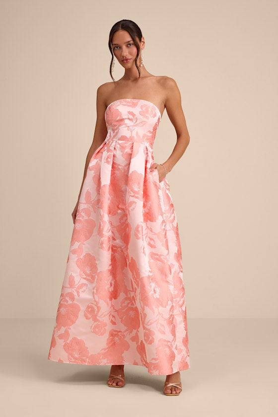 Laurelin White Jacquard Pleated Strapless Maxi Dress