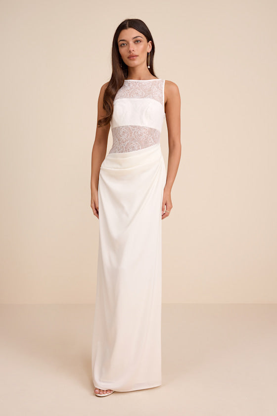 Akasha White Sheer Lace Mixed-Media Maxi Dress #Color_White