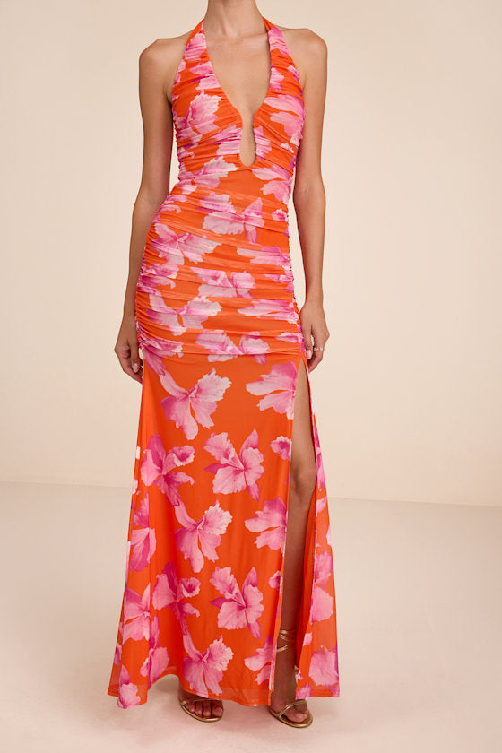 Fiametta Orange and Pink Floral Ruched Maxi Dress #Color_Orange and Pink Floral